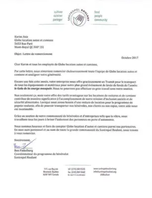 Lettre de remerciements Santropol Roulant
