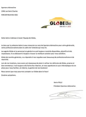 Lettre de remerciements Sportera