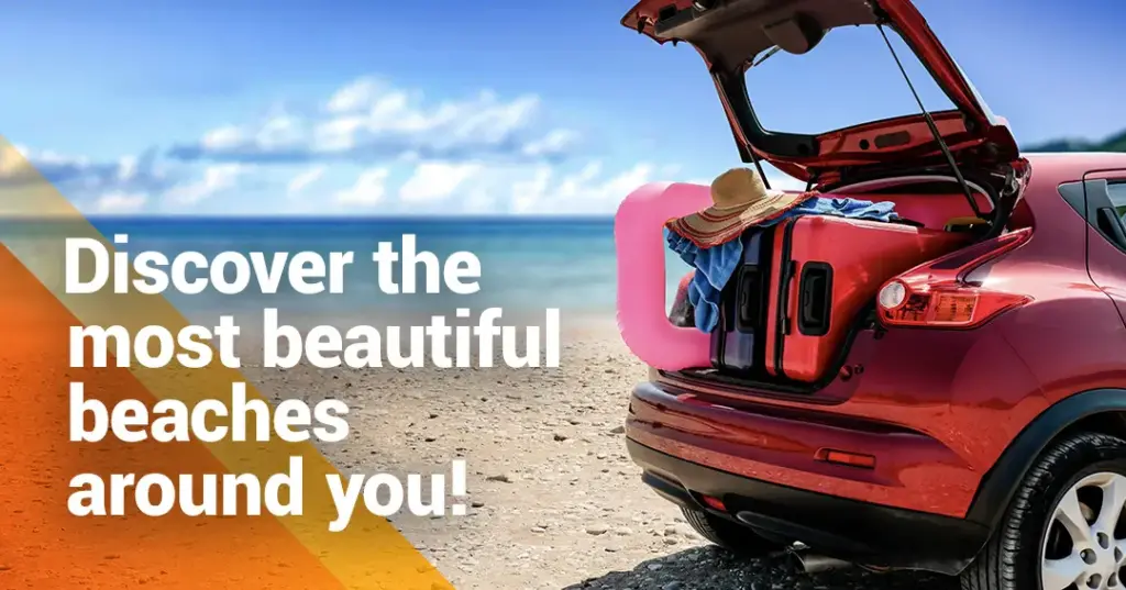 red car and lake or beach